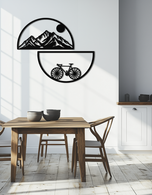 Load image into Gallery viewer, Mountain View Metal Wall Art - Half Circle Bicycle and Landscape Silhouette Decor- KAF321