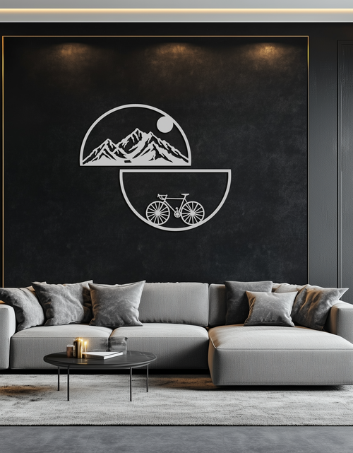 Load image into Gallery viewer, Mountain View Metal Wall Art - Half Circle Bicycle and Landscape Silhouette Decor- KAF321