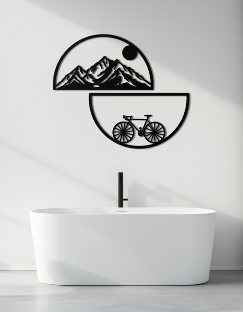 Load image into Gallery viewer, Mountain View Metal Wall Art - Half Circle Bicycle and Landscape Silhouette Decor- KAF321