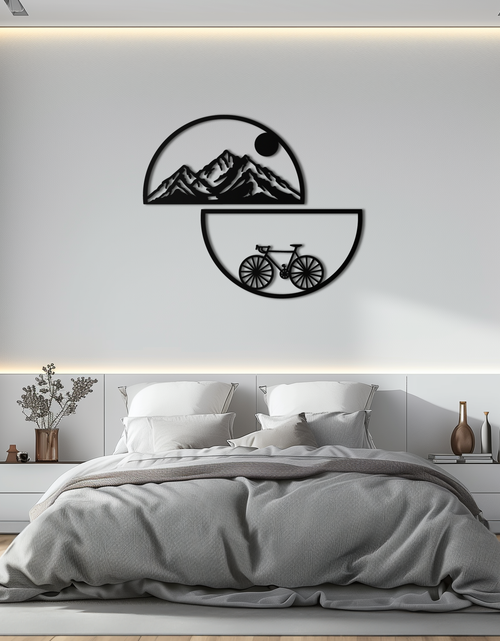 Load image into Gallery viewer, Mountain View Metal Wall Art - Half Circle Bicycle and Landscape Silhouette Decor- KAF321