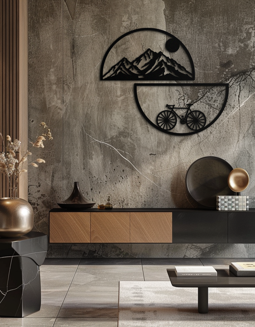 Load image into Gallery viewer, Mountain View Metal Wall Art - Half Circle Bicycle and Landscape Silhouette Decor- KAF321