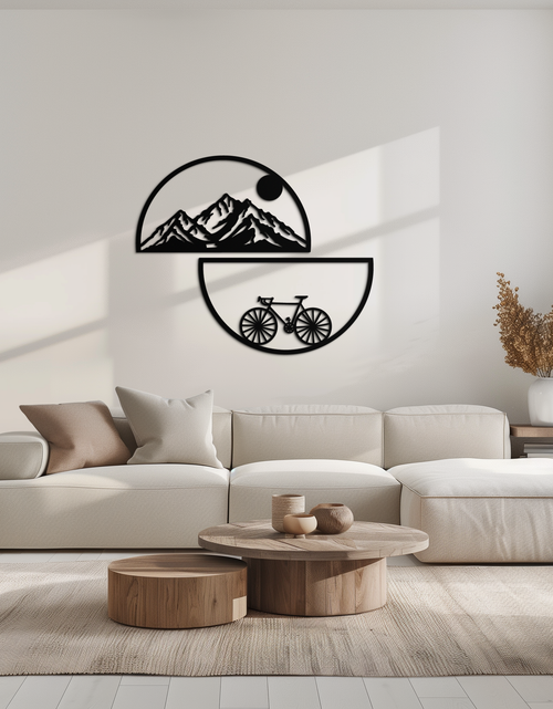 Load image into Gallery viewer, Mountain View Metal Wall Art - Half Circle Bicycle and Landscape Silhouette Decor- KAF321