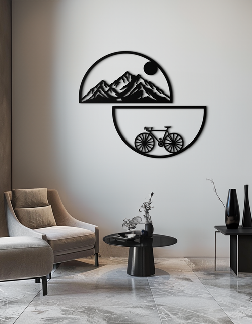 Load image into Gallery viewer, Mountain View Metal Wall Art - Half Circle Bicycle and Landscape Silhouette Decor- KAF321