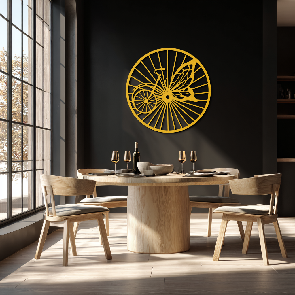 Butterfly Wheel Bicycle Silhouette Metal Wall Art - Elegant Round Nature-Inspired Decor- KAF323