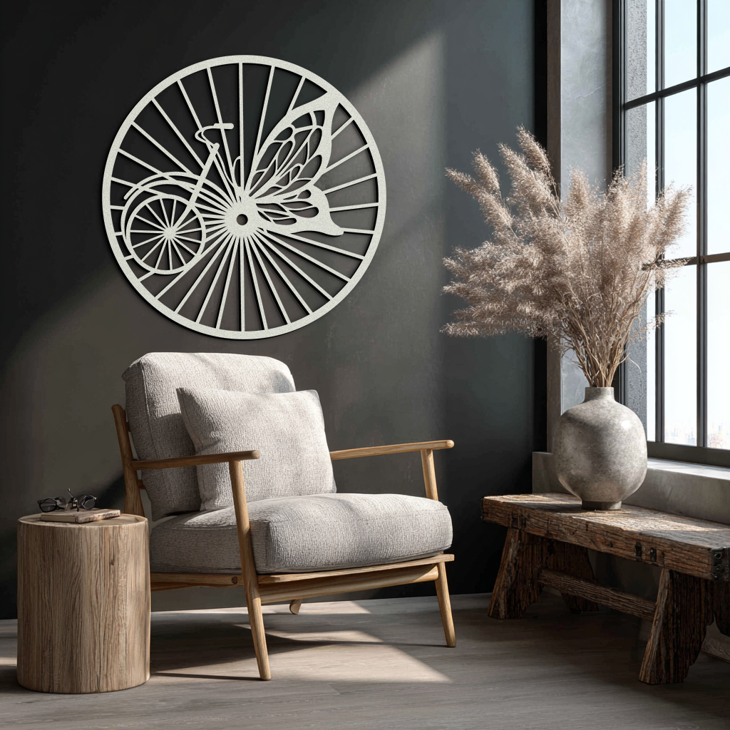Butterfly Wheel Bicycle Silhouette Metal Wall Art - Elegant Round Nature-Inspired Decor- KAF323