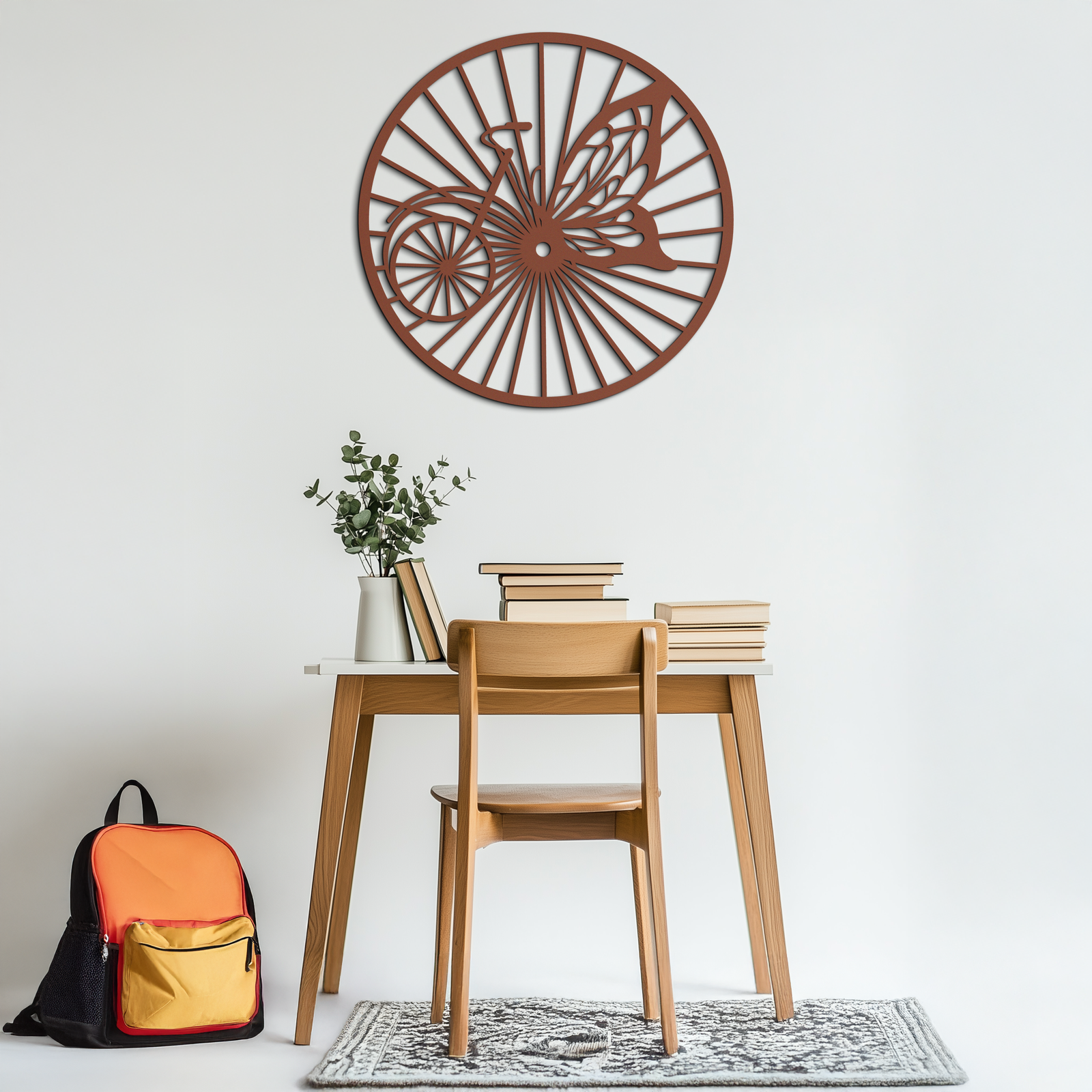 Butterfly Wheel Bicycle Silhouette Metal Wall Art - Elegant Round Nature-Inspired Decor- KAF323