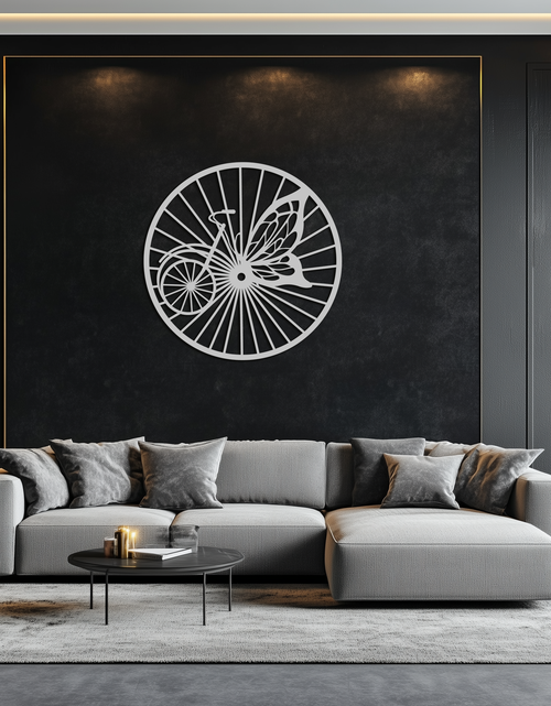 Load image into Gallery viewer, Butterfly Wheel Bicycle Silhouette Metal Wall Art - Elegant Round Nature-Inspired Decor- KAF323