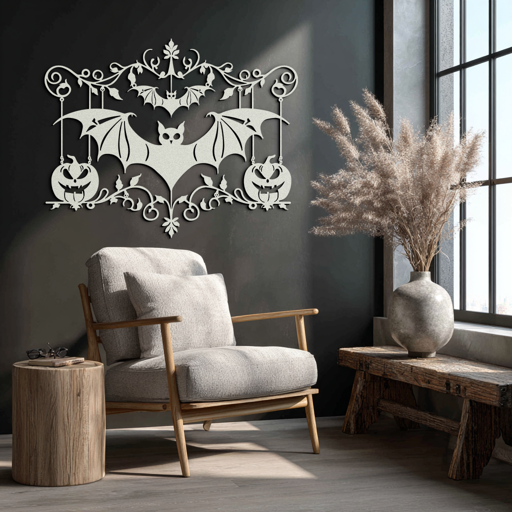 Halloween Bat Pumpkin Metal Wall Art – Spooky Jack-O'-Lantern Steel Decor- KAF328