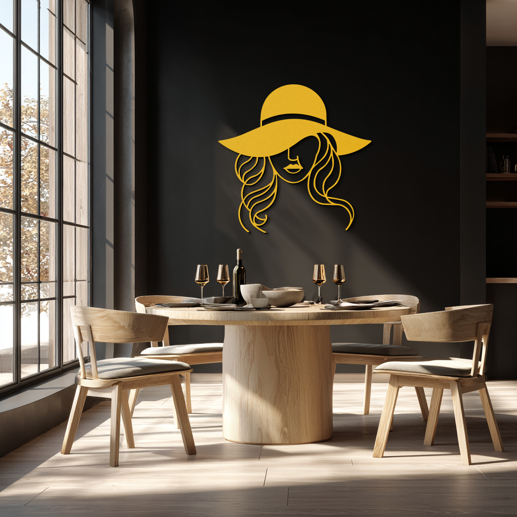 Hat Woman Metal Wall Art – Elegant Female Silhouette Steel Decor with Wide Brim Hat- KAF341