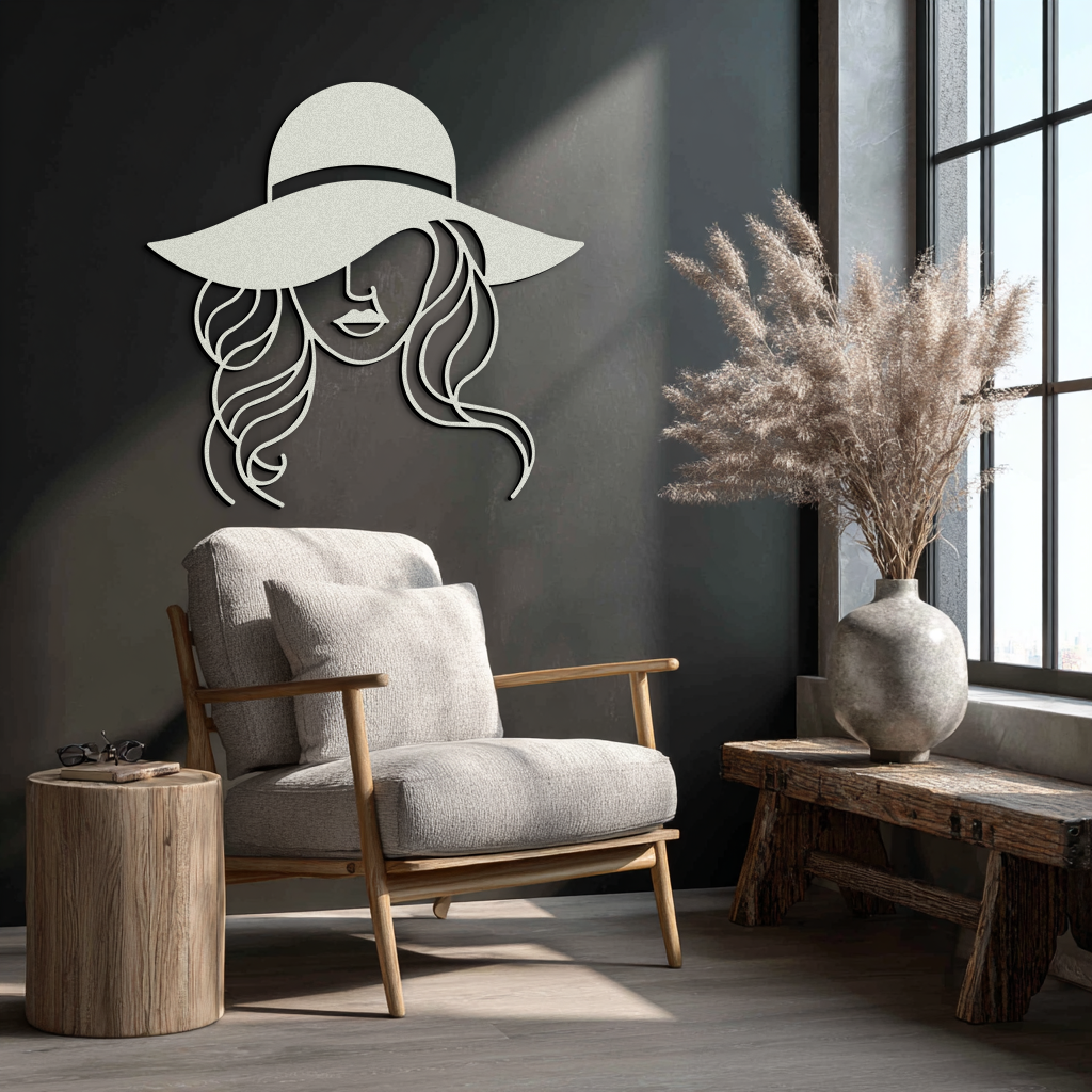 Hat Woman Metal Wall Art – Elegant Female Silhouette Steel Decor with Wide Brim Hat- KAF341