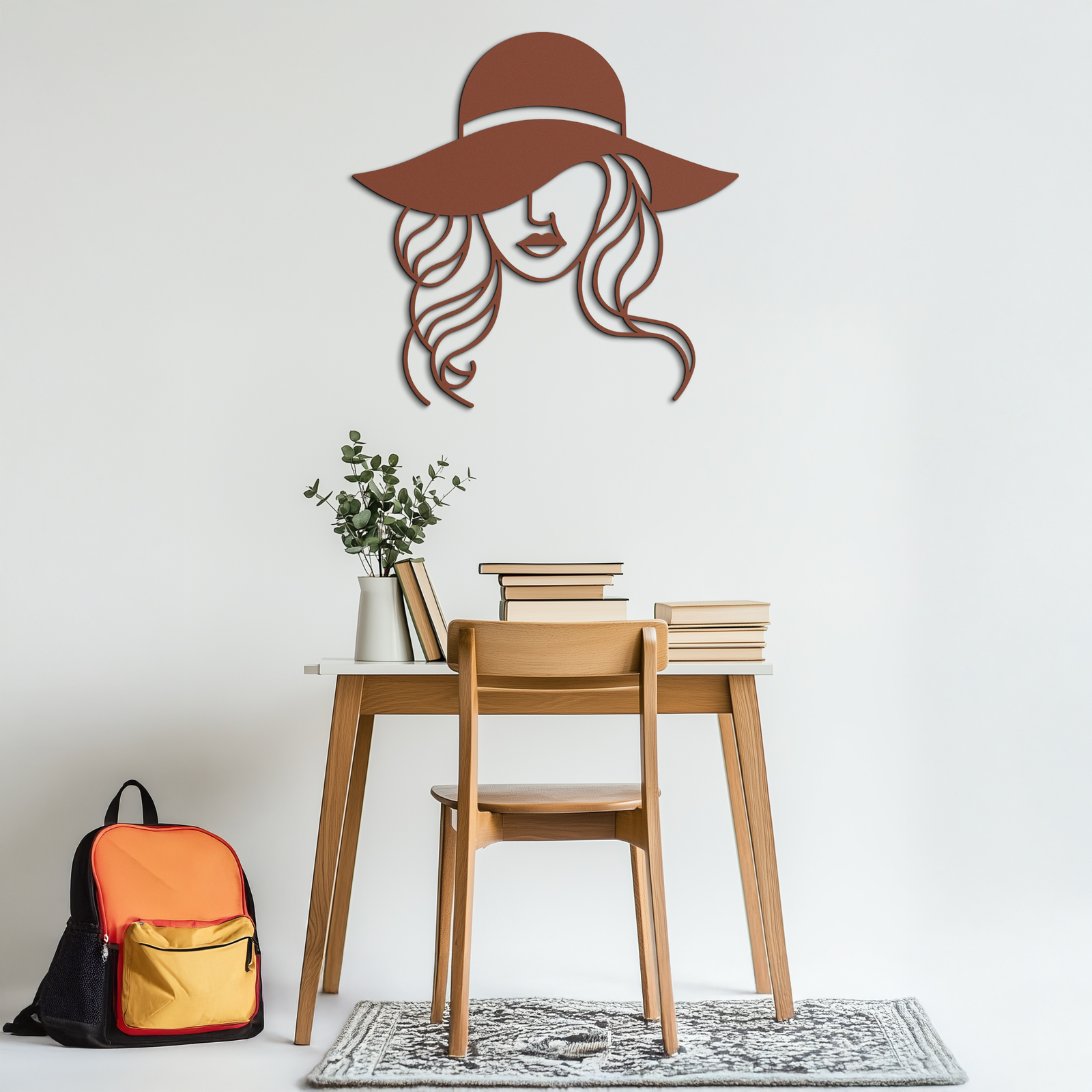 Hat Woman Metal Wall Art – Elegant Female Silhouette Steel Decor with Wide Brim Hat- KAF341