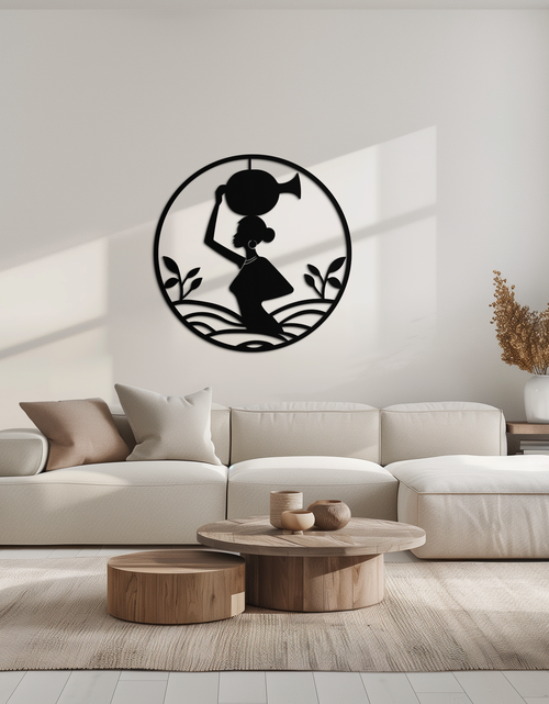Load image into Gallery viewer, African Woman Carrying Vase Metal Wall Art – Tribal Silhouette Steel Decor for Cultural and Ethnic Interiors- KAF342