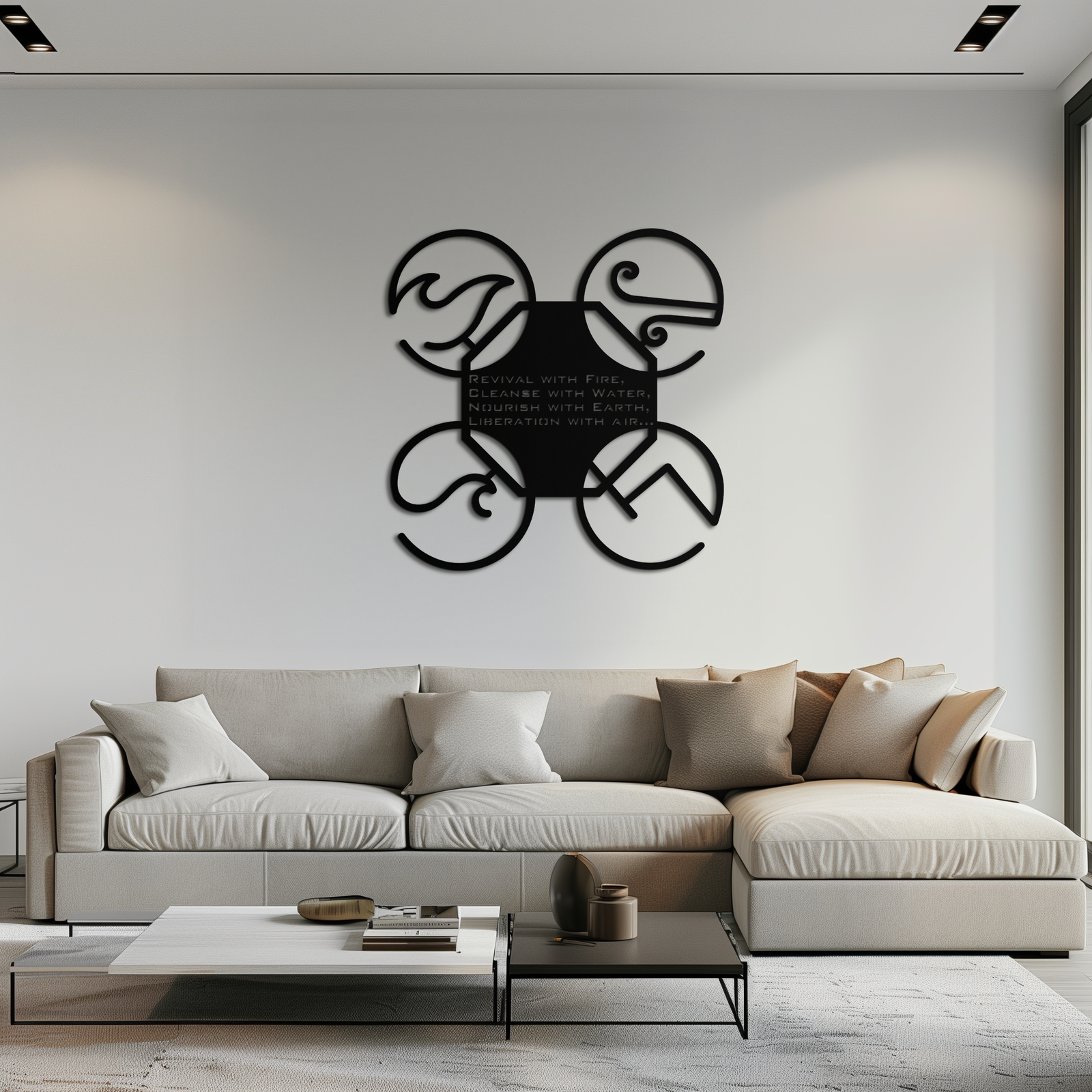 Four Elements Motto Metal Wall Art – Earth, Air, Fire, Water Steel Silhouette for Modern Spiritual Decor- KAF344