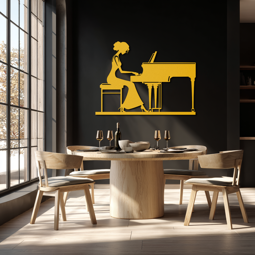 Pianist Woman Metal Wall Art – Elegant Music-Inspired Steel Silhouette for Modern Home Decor- KAF345