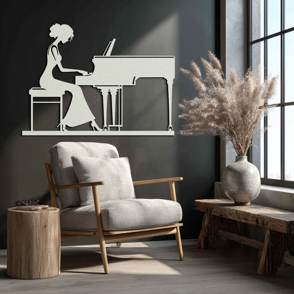 Pianist Woman Metal Wall Art – Elegant Music-Inspired Steel Silhouette for Modern Home Decor- KAF345