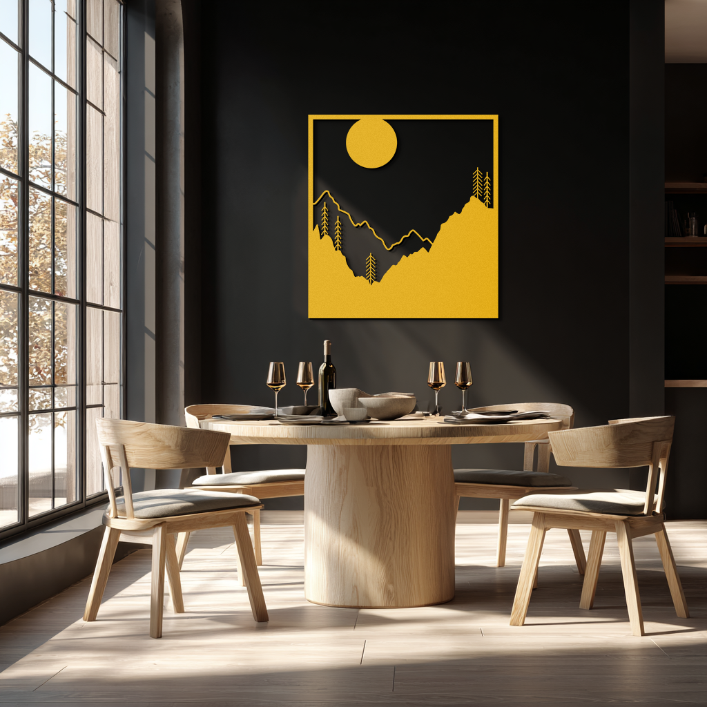 Moonlit Mountain Landscape Metal Wall Art – Modern Square Forest Scene Silhouette for Rustic Nature Decor- KAF346
