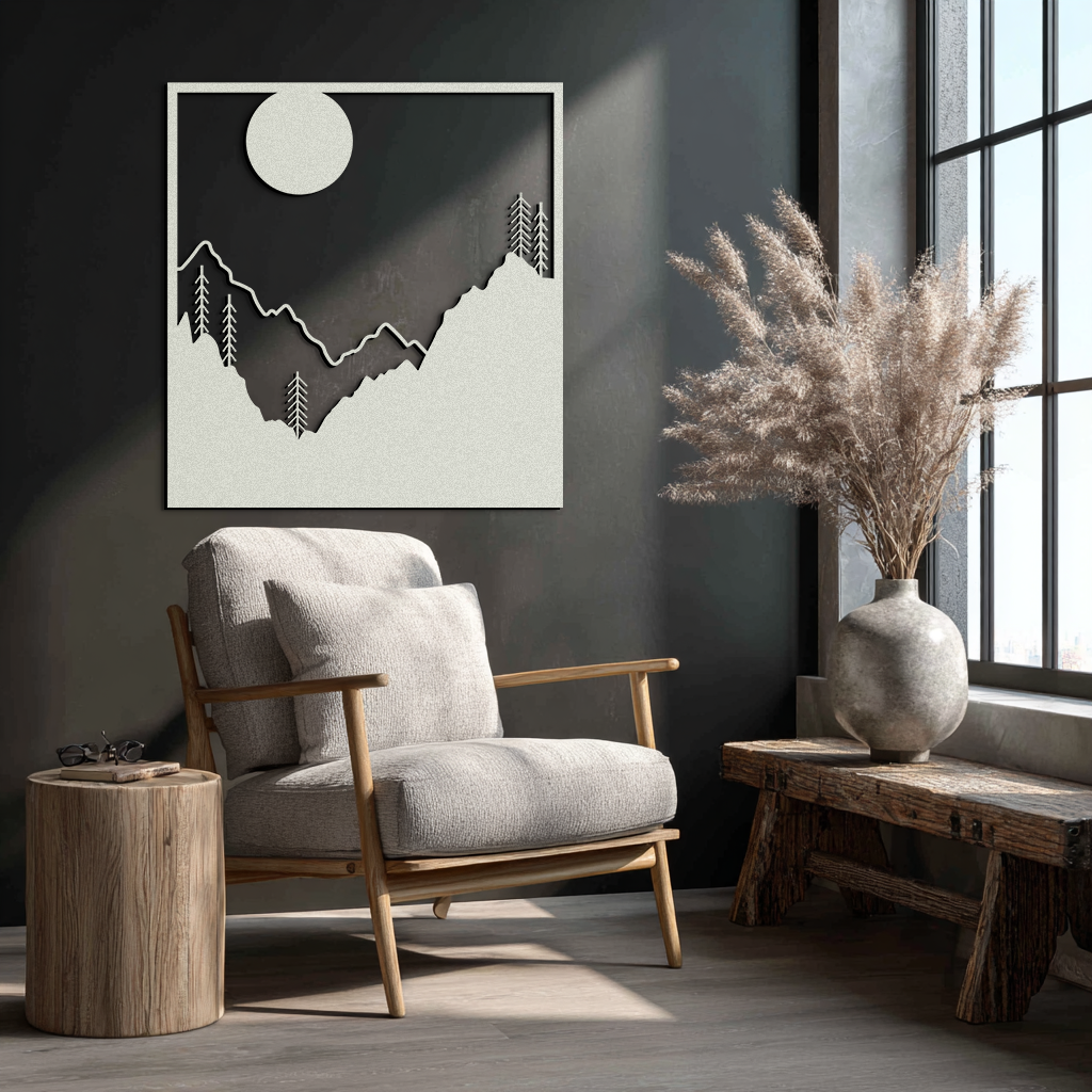 Moonlit Mountain Landscape Metal Wall Art – Modern Square Forest Scene Silhouette for Rustic Nature Decor- KAF346