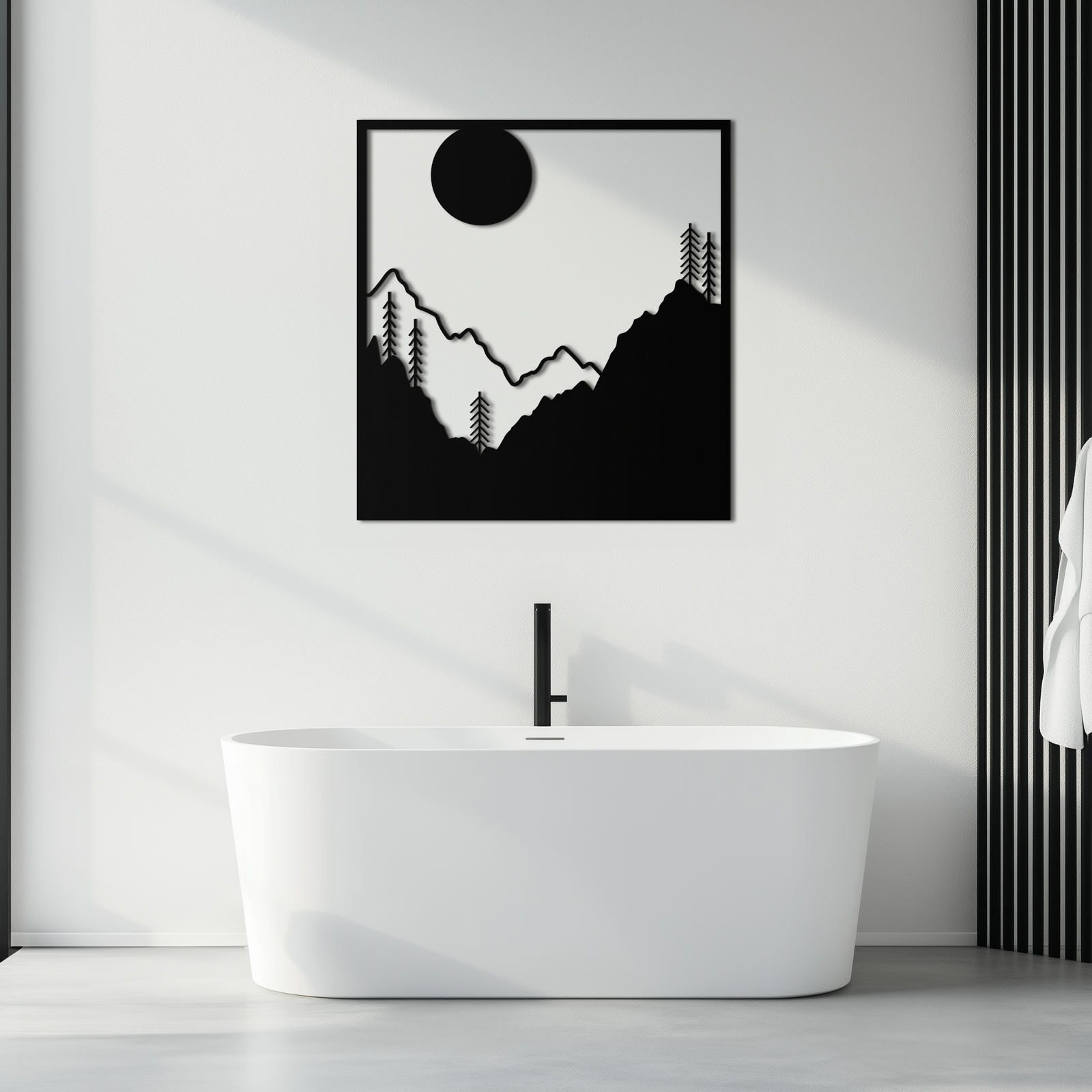 Moonlit Mountain Landscape Metal Wall Art – Modern Square Forest Scene Silhouette for Rustic Nature Decor- KAF346