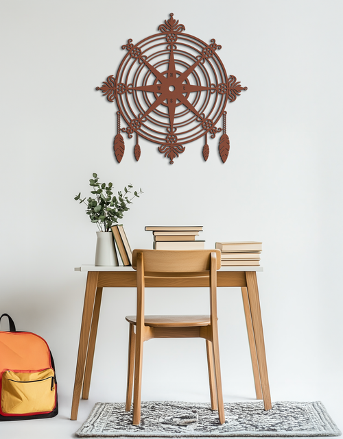 Load image into Gallery viewer, Ornate Compass Rose Metal Wall Art – Decorative Matte Black Steel with Feathers for Nautical and Boho Decor- KAF347