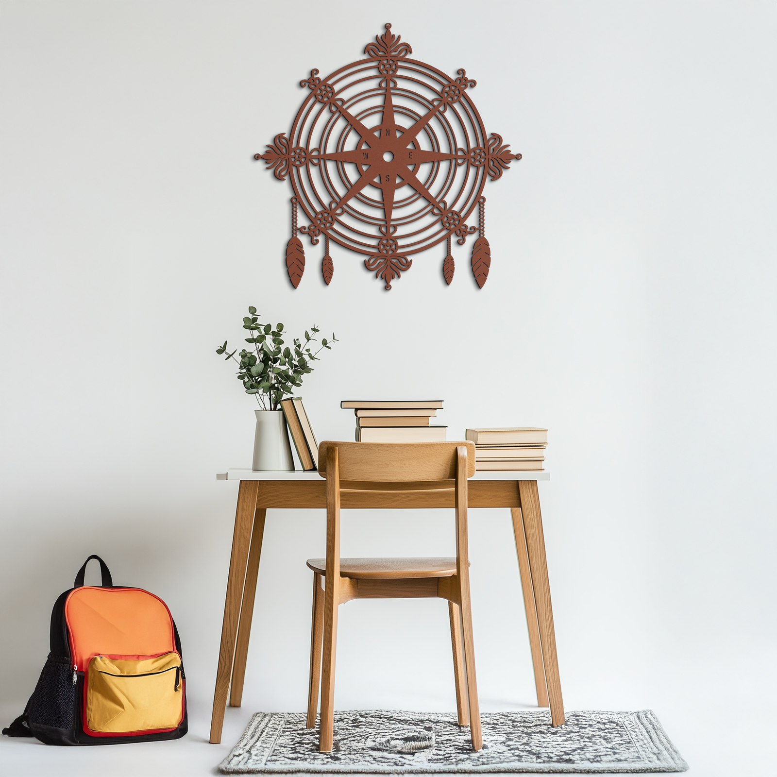 Ornate Compass Rose Metal Wall Art – Decorative Matte Black Steel with Feathers for Nautical and Boho Decor- KAF347