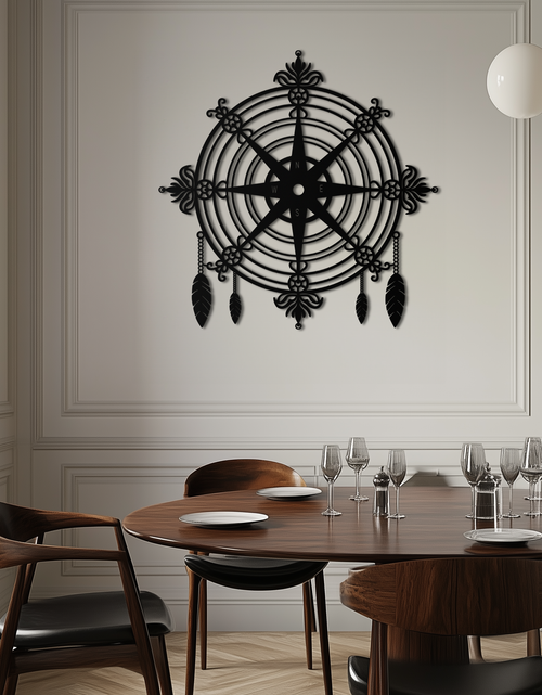 Load image into Gallery viewer, Ornate Compass Rose Metal Wall Art – Decorative Matte Black Steel with Feathers for Nautical and Boho Decor- KAF347