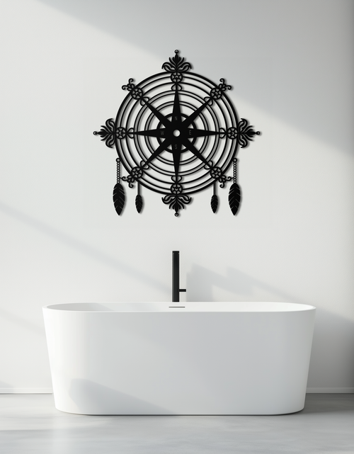 Load image into Gallery viewer, Ornate Compass Rose Metal Wall Art – Decorative Matte Black Steel with Feathers for Nautical and Boho Decor- KAF347