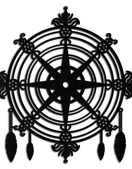 Load image into Gallery viewer, Ornate Compass Rose Metal Wall Art – Decorative Matte Black Steel with Feathers for Nautical and Boho Decor- KAF347