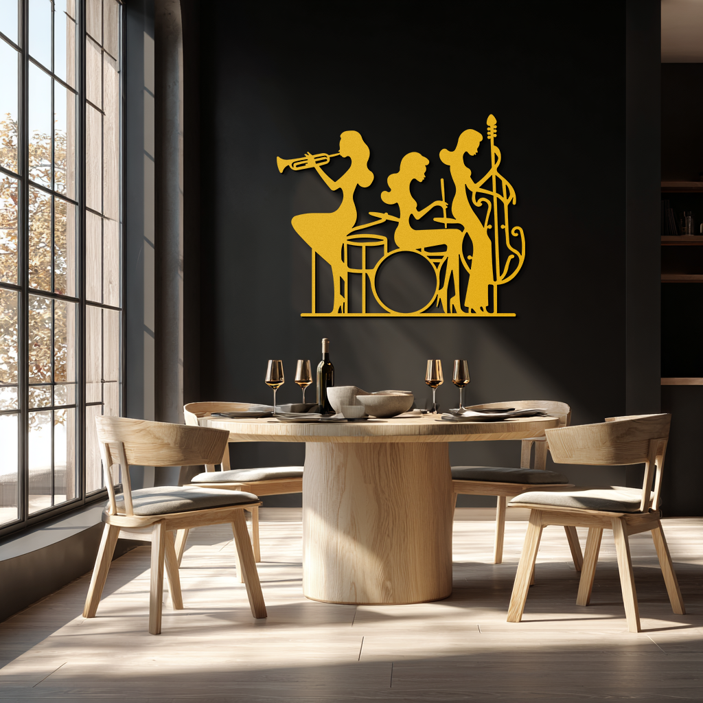 Jazz Trio Women Metal Wall Art – Musical Female Silhouette Band Playing Instruments in Black Steel- KAF349
