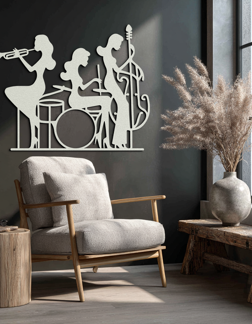 Load image into Gallery viewer, Jazz Trio Women Metal Wall Art – Musical Female Silhouette Band Playing Instruments in Black Steel- KAF349