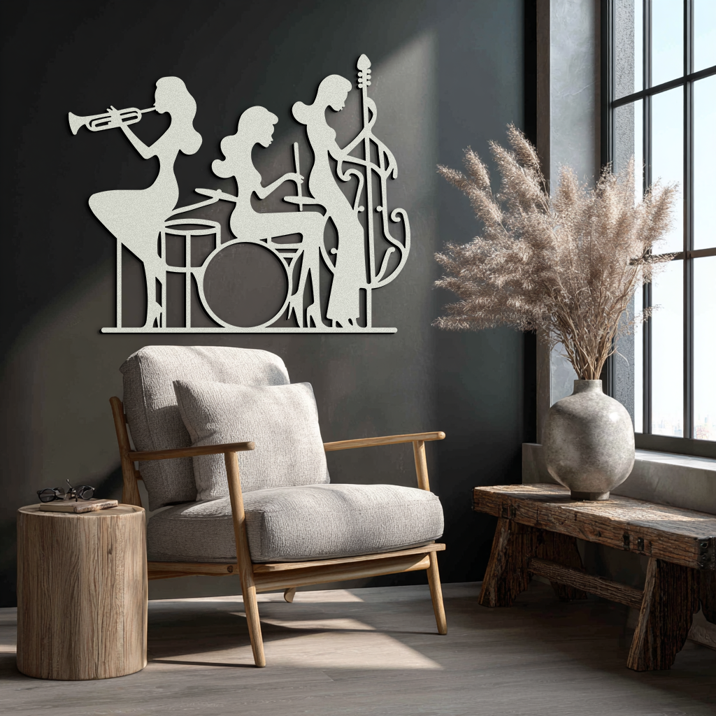 Jazz Trio Women Metal Wall Art – Musical Female Silhouette Band Playing Instruments in Black Steel- KAF349