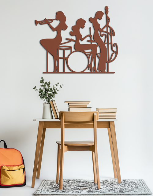 Load image into Gallery viewer, Jazz Trio Women Metal Wall Art – Musical Female Silhouette Band Playing Instruments in Black Steel- KAF349