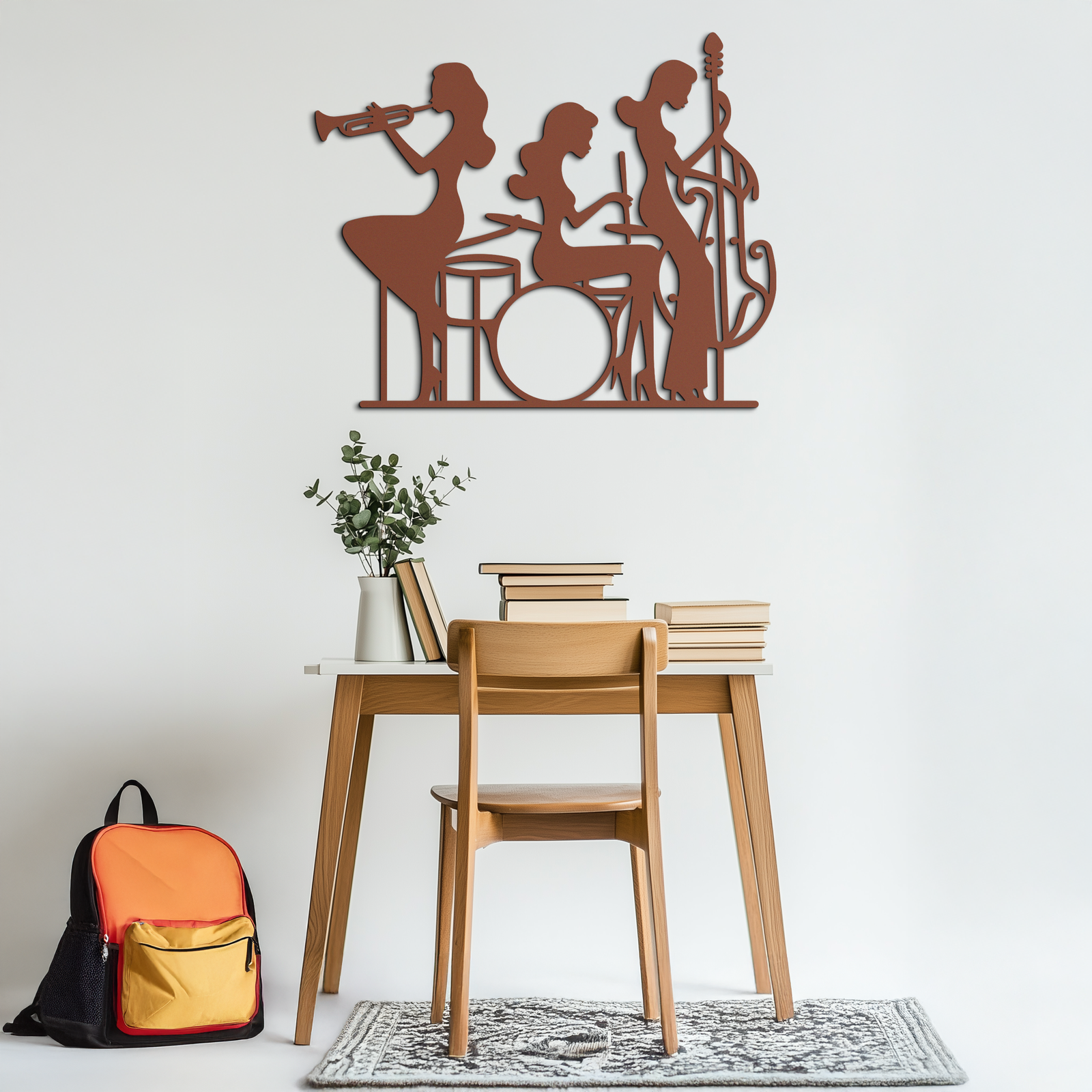 Jazz Trio Women Metal Wall Art – Musical Female Silhouette Band Playing Instruments in Black Steel- KAF349