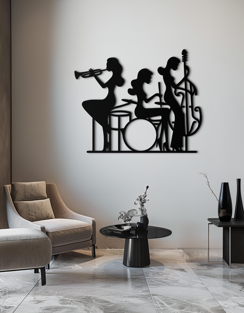 Load image into Gallery viewer, Jazz Trio Women Metal Wall Art – Musical Female Silhouette Band Playing Instruments in Black Steel- KAF349