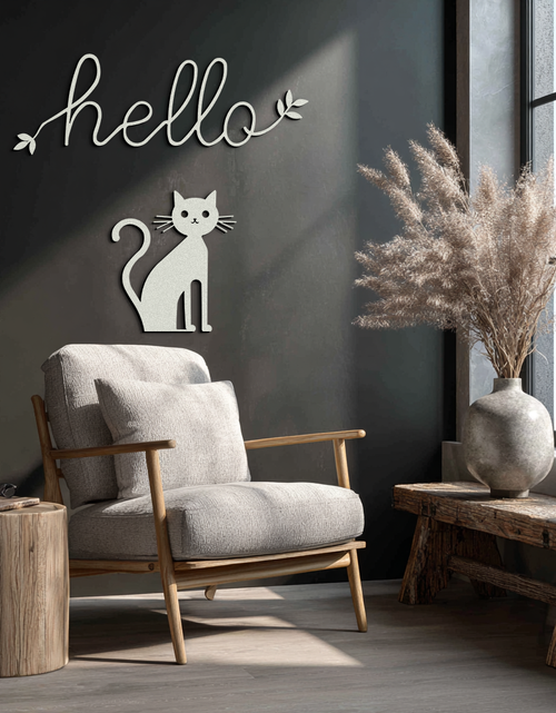 Load image into Gallery viewer, Hello Cat Metal Wall Art – Whimsical Welcome Sign with Cat Silhouette for Entryway or Living Room- KAF352