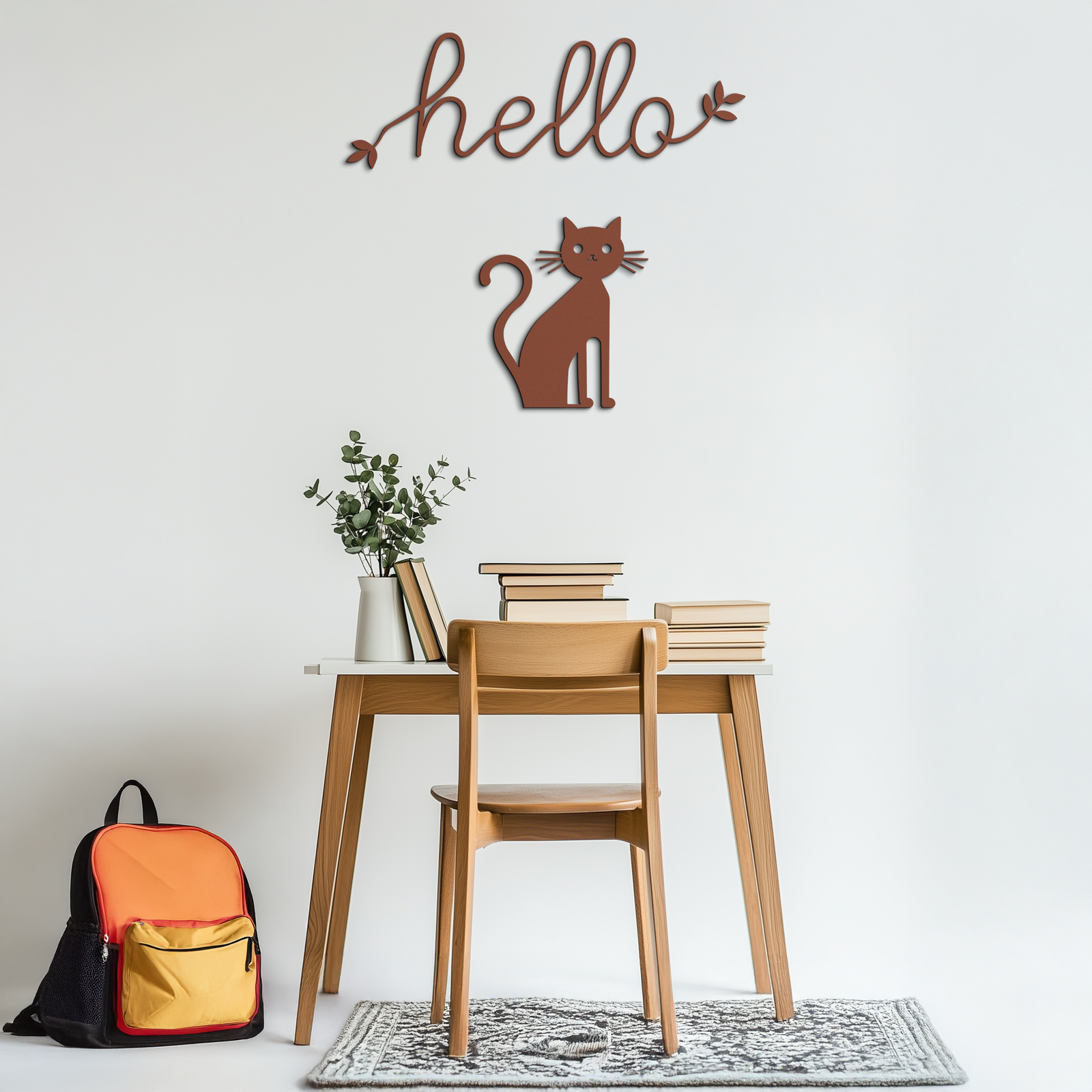 Hello Cat Metal Wall Art – Whimsical Welcome Sign with Cat Silhouette for Entryway or Living Room- KAF352
