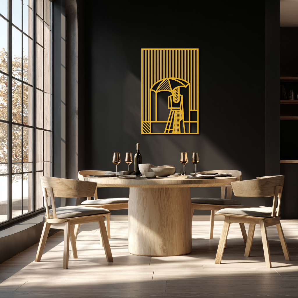 Woman with Umbrella Abstract Metal Wall Art – Modern Rainy Day Silhouette Steel Decor- KAF354