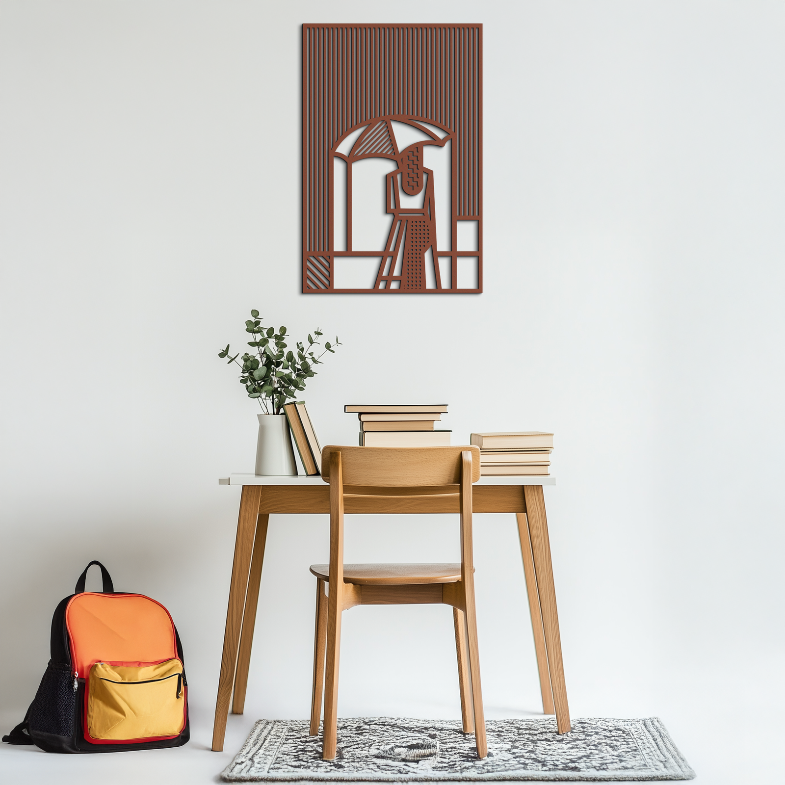 Woman with Umbrella Abstract Metal Wall Art – Modern Rainy Day Silhouette Steel Decor- KAF354