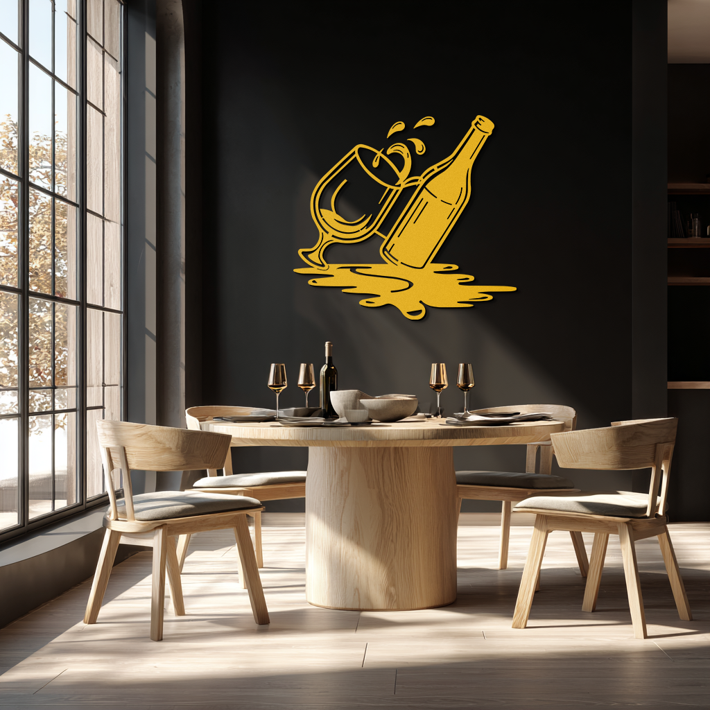 Wine Bottle and Glass Metal Wall Art – Modern Bar Decor with Splash Effect for Kitchen or Lounge Spaces- KAF356