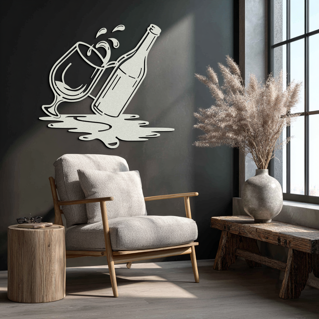 Wine Bottle and Glass Metal Wall Art – Modern Bar Decor with Splash Effect for Kitchen or Lounge Spaces- KAF356