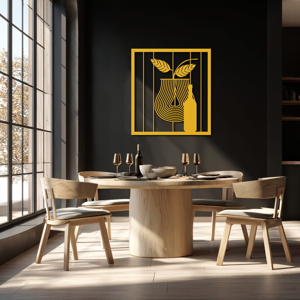 Bottle and Leaf Metal Wall Art – Modern Abstract Home Decor for Kitchen or Dining Room- KAF358