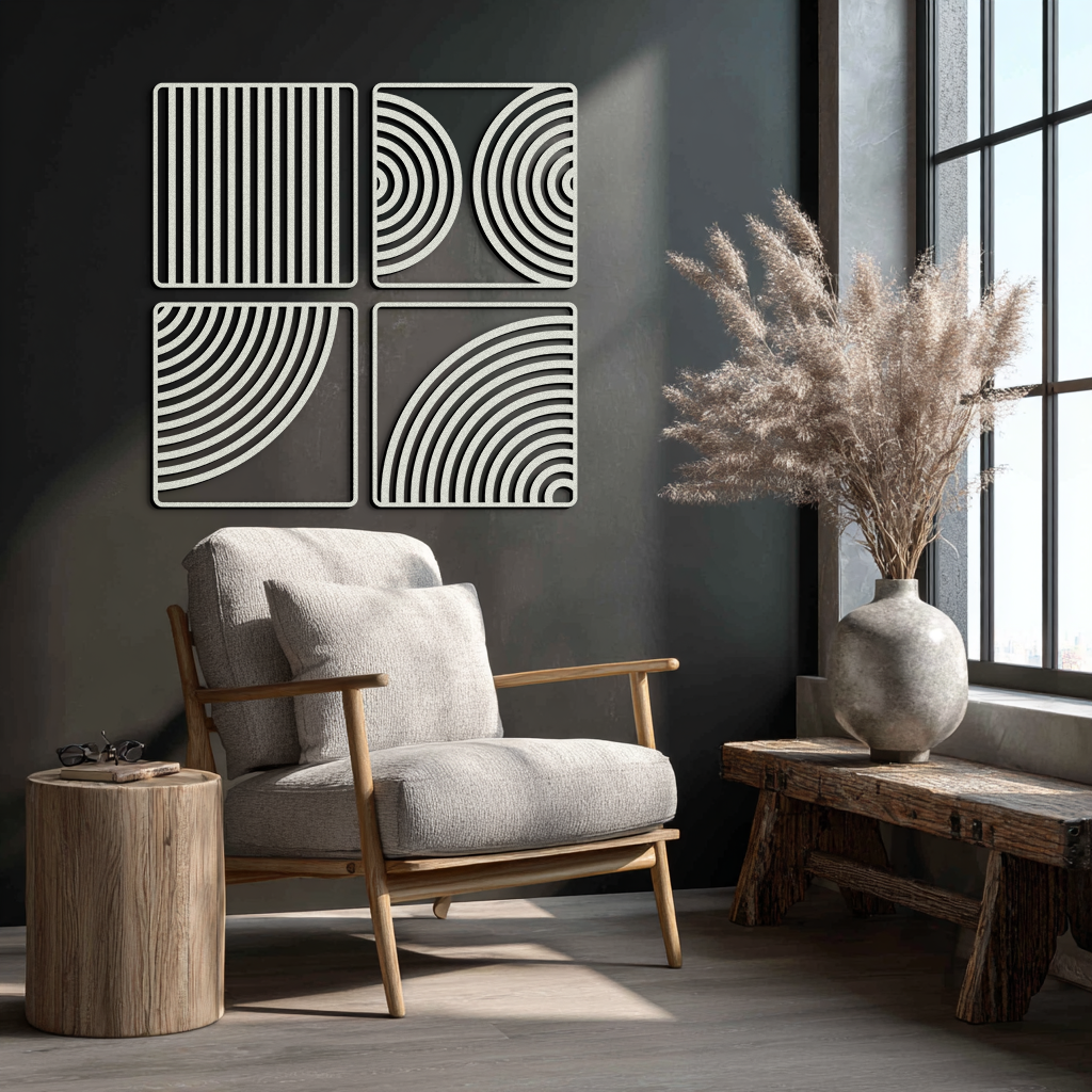 Geometric Pattern Metal Wall Art – 4-Piece Modern Minimalist Steel Decor- KAF363