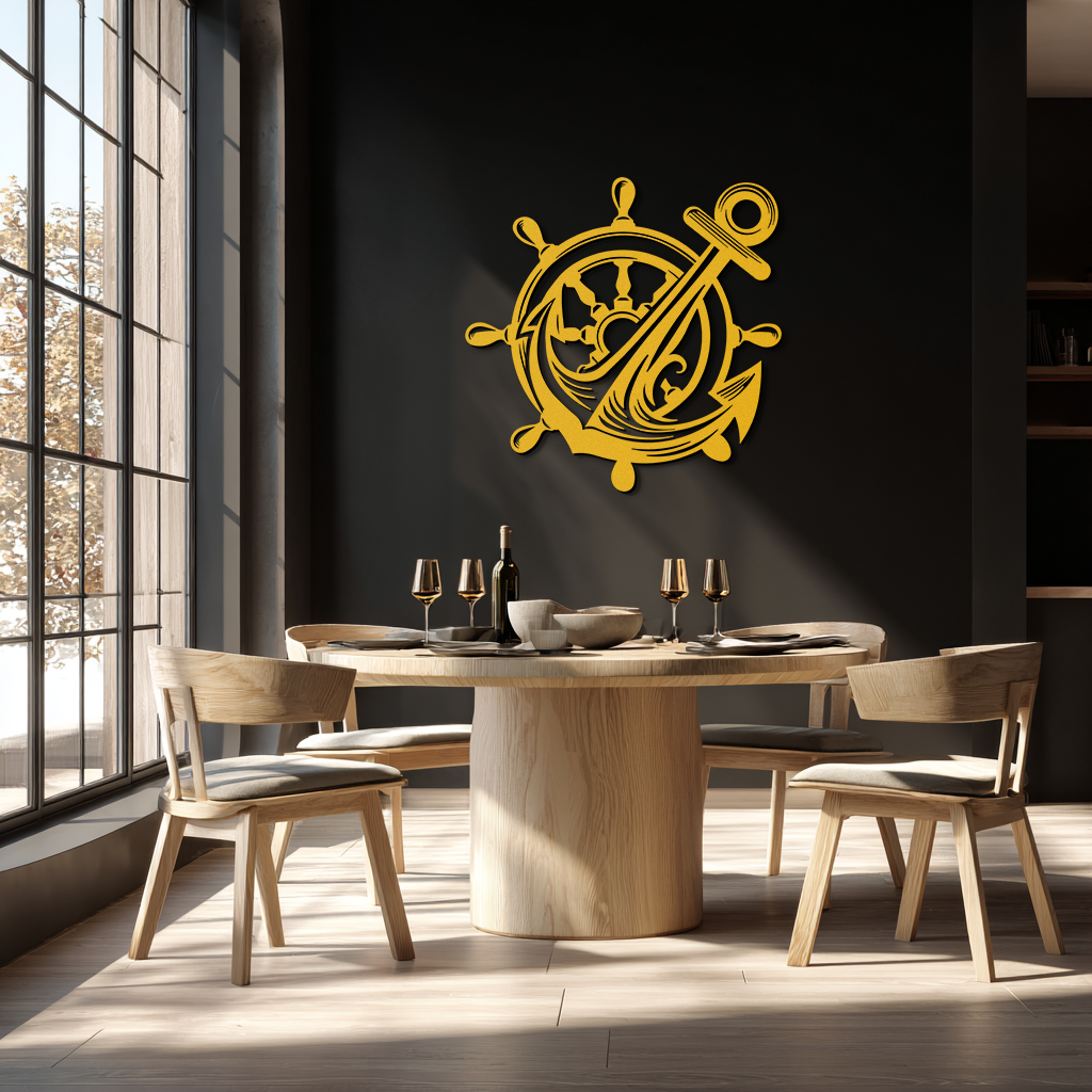 Anchor and Ship Wheel Metal Wall Art – Nautical Steel Decor for Sea Lovers- KAF368