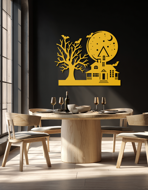 Load image into Gallery viewer, Haunted House and Bat Halloween Metal Wall Art – Spooky Full Moon Scene in Matte Black- KAF370