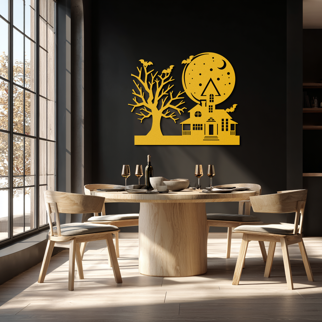 Haunted House and Bat Halloween Metal Wall Art – Spooky Full Moon Scene in Matte Black- KAF370