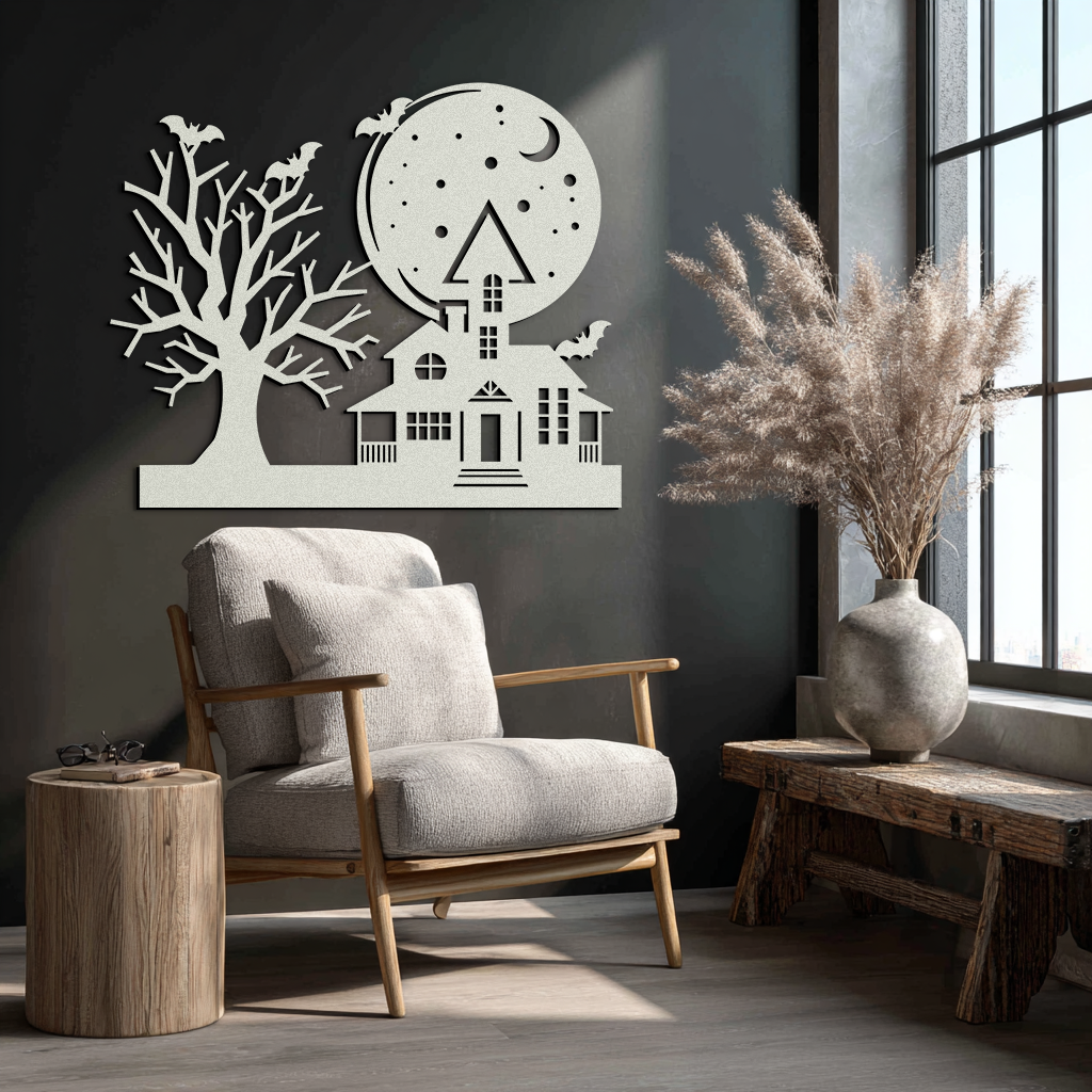 Haunted House and Bat Halloween Metal Wall Art – Spooky Full Moon Scene in Matte Black- KAF370