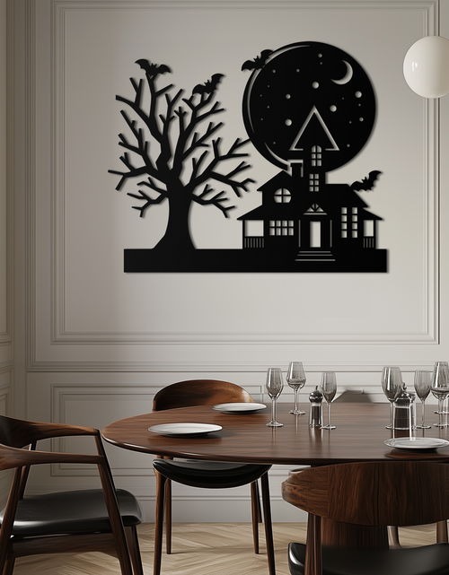 Load image into Gallery viewer, Haunted House and Bat Halloween Metal Wall Art – Spooky Full Moon Scene in Matte Black- KAF370