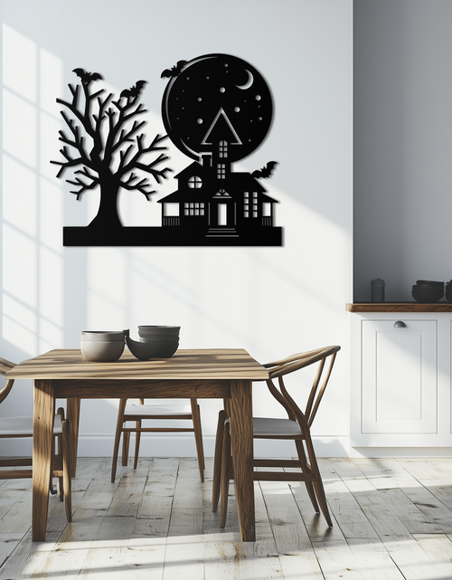 Load image into Gallery viewer, Haunted House and Bat Halloween Metal Wall Art – Spooky Full Moon Scene in Matte Black- KAF370