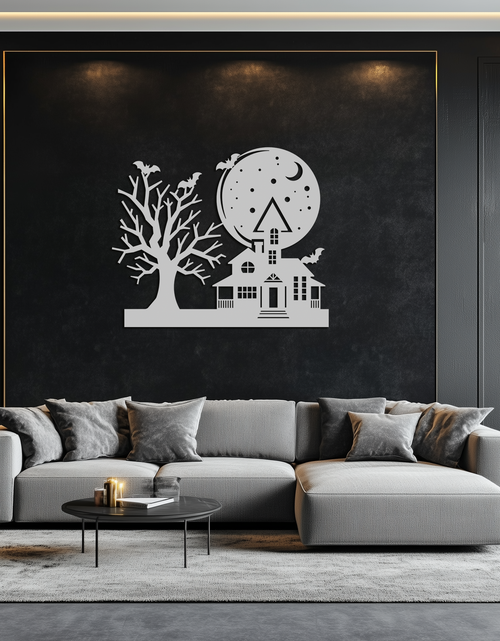 Load image into Gallery viewer, Haunted House and Bat Halloween Metal Wall Art – Spooky Full Moon Scene in Matte Black- KAF370