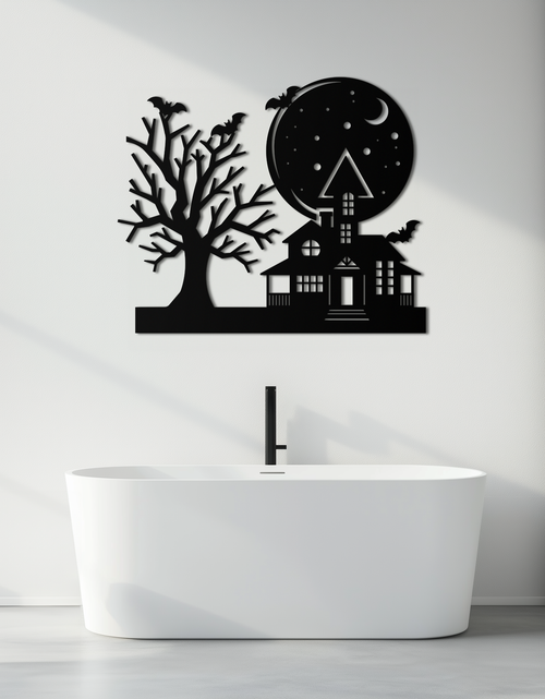 Load image into Gallery viewer, Haunted House and Bat Halloween Metal Wall Art – Spooky Full Moon Scene in Matte Black- KAF370