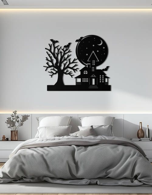 Load image into Gallery viewer, Haunted House and Bat Halloween Metal Wall Art – Spooky Full Moon Scene in Matte Black- KAF370